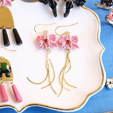 NB - J700 Golden Strings Pink Orchid Pendant Earrings - Sawadee