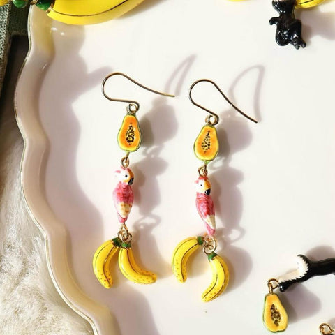 NB - J766 SS24 Papaya Pink Cockatoo & Bananas Pendant Earrings - Vibration