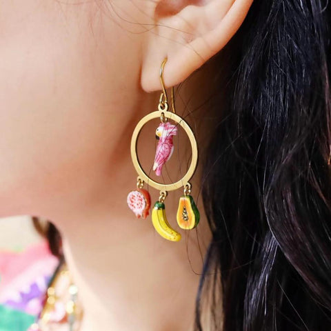 NB - J775 SS24 Circle with Pink Cockatoo Bananas and Fruits Pendant Earrings - Vibration
