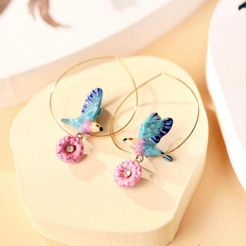 NB - J806 Pink&Blue Bird with Thistle Flower big hoop earrings - Esprit Libre P2