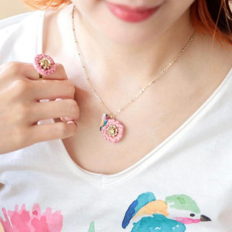 NB - U330 Pink&Blue Bird on Thisle Flower necklace - Esprit Libre P2