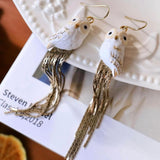 NB - J804 White Owl with Fringes earrings - Esprit Libre P1